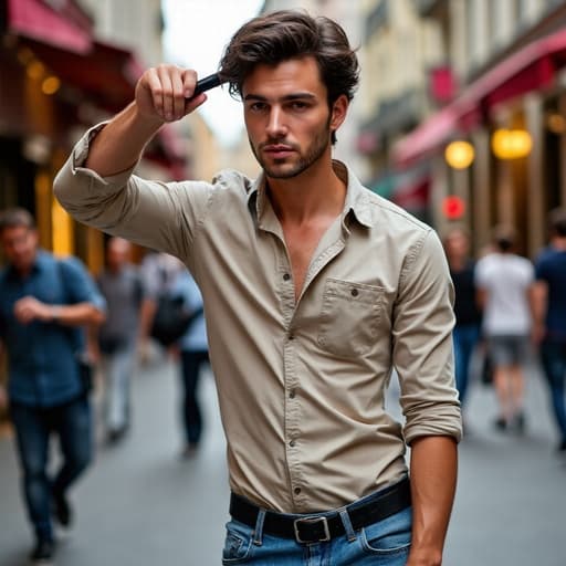 20대 중반의 유럽계 남성이 트렌디한 셔츠와 청바지를 입고 반신 촬영된 모습입니다. 그는 자연스러운 외모와 긴장한 표정으로 한 손을 앞으로 뻗어 헤어 스타일링 도구를 잡으려 하고 있습니다. 배경은 상점과 사람들로 가득한 활기찬 도시 거리입니다.