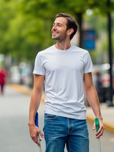 30대 후반의 유럽계 남성이 편안한 티셔츠와 청바지를 입고 청소 도구를 손에 들고 주변을 바라보며 즐거운 표정으로 조용한 거리를 청소하는 모습. 조용한 환경이 청결과 공동체의 주제를 강조합니다.