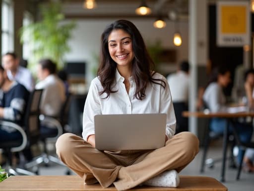 현대적인 공유 오피스에서 크로스 레그로 앉아 노트북을 사용하고 있는 20대 후반의 중동계 여성의 반신 사진으로, 편안하게 웃고 있는 모습이 주변의 다양한 사람들과 함께 활기찬 분위기를 만들어냅니다.