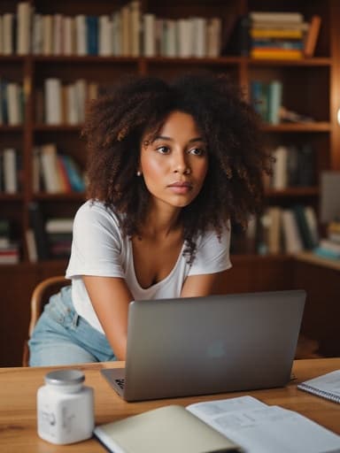 20대 중반의 혼혈 여성의 반신 사진으로, 자연스러운 외모를 가진 자신감 넘치는 모습을 담고 있습니다. 캐주얼한 티셔츠와 청바지를 입고 어깨에 가방을 메고, 책상 위의 노트북 화면을 바라보며 밝고 긍정적인 에너지를 발산하고 있습니다. 배경은 아늑한 공부방으로, 책장과 다양한 학습 도구들이 있어 그녀의 몰입한 태도를 잘 보여줍니다.