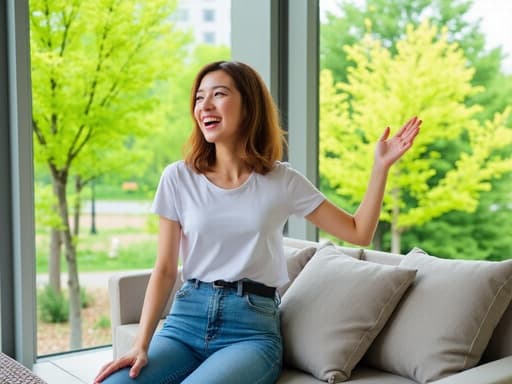 30대 중반의 한국인 여성이 거실의 소파에 앉아 편안한 캐주얼 티셔츠와 청바지를 입고 열정적인 표정을 지으며 기념일을 축하하는 손을 흔들고 있습니다. 창문을 통해 보이는 풍성한 공원이 장면을 아름답게 꾸며주며 따뜻하고 초대하는 분위기를 만들어냅니다.