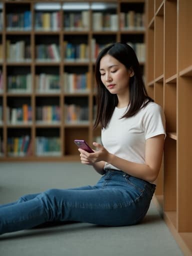 20대 후반의 아시아계 여성으로, 캐주얼한 티셔츠와 청바지를 입고 조용한 도서관의 바닥에 앉아 스마트폰으로 음악을 듣고 있습니다. 그녀는 자연스러운 외모를 가지고 있으며, 약간 스트레스를 받은 듯한 표정을 짓고 있습니다. 따뜻하고 아늑한 분위기의 책장으로 둘러싸인 모습입니다.