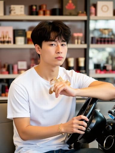 20대 중반의 동양인 남성이 화이트 티셔츠와 청바지를 입고 한 손에 화장품을 들고 있으며, 다른 팔은 스티어링 휠에 올려놓고 집중한 표정을 짓고 있습니다. 배경은 다양한 화장품과 패션 아이템이 진열된 화려한 패션 매장으로, 뷰티와 패션의 주제를 강조하고 있습니다.