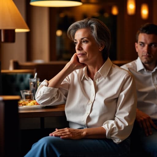 40대 중반의 아프리카계 여성인 그녀가 캐주얼 블라우스와 청바지를 입고 아늑한 레스토랑에서 친구와 대화를 나누며 크로스 레그로 앉아 있다. 그녀의 표정은 스트레스를 받은 듯하며, 음료와 식사가 놓인 테이블이 있는 따뜻한 레스토랑의 분위기와 잘 어우러져 친구 관계와 일상적인 만남에 대한 공감할 수 있는 장면을 만들어낸다.