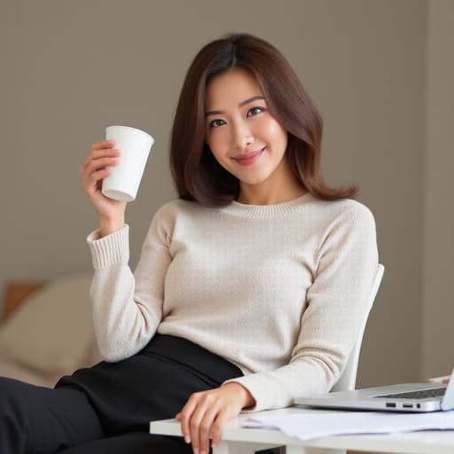 30대 중반의 동양인 여성이 편안한 니트와 슬랙스를 입고 반신을 촬영한 모습입니다. 깔끔한 집 사무실 책상에 앉아 커피 컵을 들고 여유롭게 미소 짓고 있으며, 그녀의 작업 공간에서 편안함과 생산성을 동시에 보여줍니다.