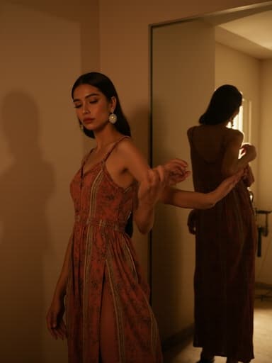 자연스러운 외모를 지닌 30대 중반의 중동계 여성이 유니크한 패턴의 드레스를 입고 큰 귀걸이를 착용한 전신 사진. 그녀는 거울 앞에 서서 고개를 약간 숙이고 우울한 표정을 지으며 손을 가볍게 흔들며 춤추는 자세를 취하고 있습니다. 배경은 부드러운 조명이 비추는 방안으로, 거울이 있어 반사된 모습이 우아함과 내성적인 분위기를 더하고 있습니다.