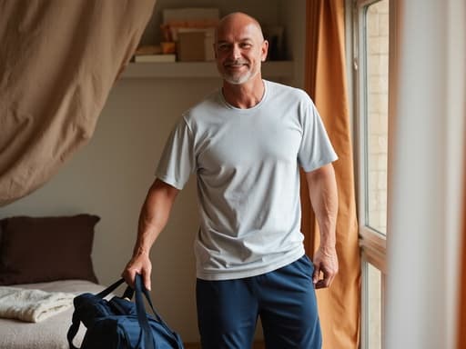 50대 초반의 한국인 남성이 운동복을 입고 가방을 들고 밝게 웃고 있는 모습이 담긴 아늑한 침실 배경의 이미지로, 따뜻함과 편안함을 자아냅니다.