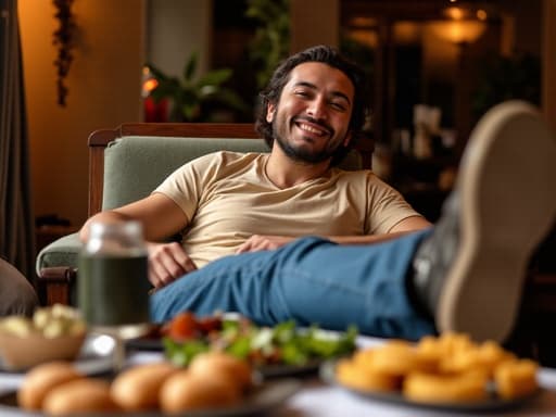 편안한 티셔츠와 청바지를 입은 40대 초반의 중동계 남성이 다리를 뻗고 앉아 테이블 위의 다양한 간식을 즐기고 있는 모습의 반신 사진, 아늑한 식당 내부에서 촬영되었습니다.