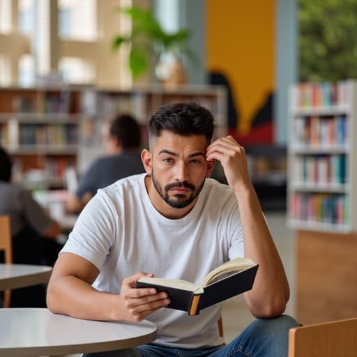 30대 중반의 혼혈 남성이 캐주얼한 티셔츠와 청바지를 입고 반신 촬영된 모습입니다. 그는 책을 읽으며 내용을 이해하지 못해 화난 표정을 짓고 있습니다. 배경은 책장과 테이블이 배치된 현대적인 커뮤니티 센터의 내부로, 활기차면서도 사색적인 분위기를 자아냅니다.