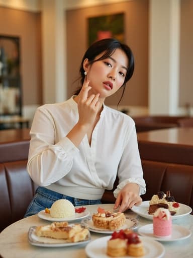 20대 후반의 자연스러운 외모를 가진 한국인 여성이 캐주얼한 블라우스와 청바지를 입고 아늑한 카페 테이블에 앉아 화장품을 바르며 디저트를 바라보고 있는 반신 샷입니다. 카페 내부는 따뜻하고 아늑한 분위기로, 벽에는 아트워크가 걸려 있고, 테이블 위에는 다양한 맛있는 디저트가 놓여 있어 전체적인 분위기를 더욱 돋보이게 하고 있습니다. 모델의 표정은 무관심하며, 편안하면서도 세련된 분위기를 자아냅니다.