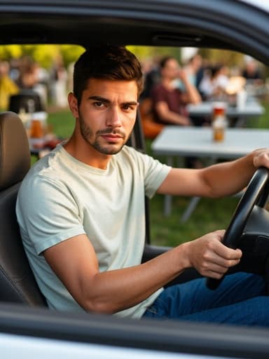 이 이미지는 편안한 티셔츠와 청바지를 입은 20대 중반의 라틴계 남성이 핸들을 잡고 여유로운 자세로 앉아 있는 모습을 보여줍니다. 그의 뒤에는 야외 바베큐 파티가 활발히 진행되고 있어, 여름 모임의 즐거움을 드러내는 생동감 넘치는 분위기를 연출합니다.