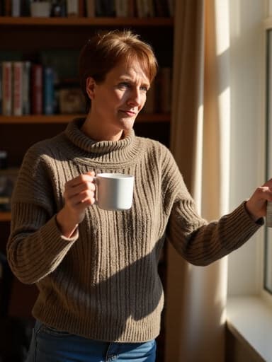 50대 초반 유럽계 여성의 반신 사진으로, 편안한 니트 스웨터와 청바지를 입고 한 손에는 커피 컵을, 다른 손에는 책을 가리키고 있습니다. 약간 불만스러운 표정을 짓고 있으며, 아늑한 서재 배경에서 창문으로 들어오는 자연광이 비추고 있습니다.