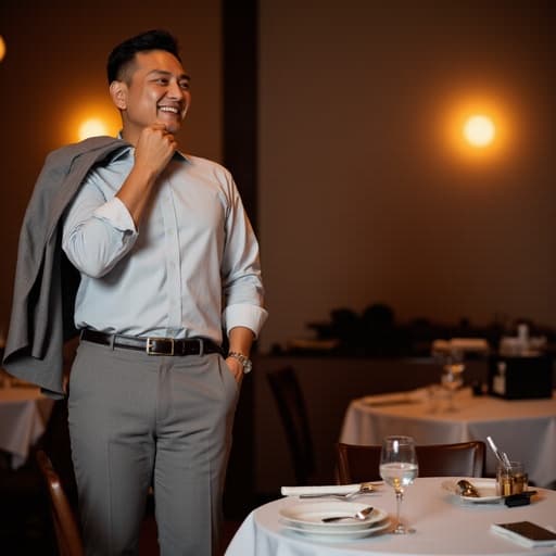 40대 중반의 동양인 남성이 아늑한 레스토랑에서 자신감 있게 서 있으며, 세련된 옷을 입고 거울 앞에서 자신의 모습을 조정하고 있습니다. 매력적인 미소를 지으며, 잘 차려진 테이블과 함께 따뜻한 분위기가 이 이미지의 매력을 더하고 있습니다.