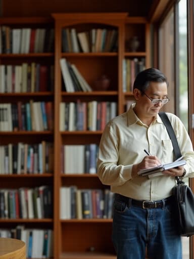 40대 중반의 동양인 남성이 편안한 캐주얼 셔츠와 청바지를 입고, 조용하고 아늑한 도서관에서 문서에 글을 쓰며 가방을 메고 서 있는 반신 사진. 그는 편안한 표정을 지으며 차분하고 집중하는 느낌을 자아냅니다. 배경에는 책이 가득한 선반과 부드러운 조명, 아늑한 좌석 공간이 있어 고요하고 지적이며 매력적인 분위기를 더합니다.