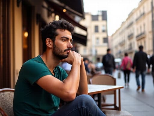 이 이미지는 편안한 티셔츠와 청바지를 입은 20대 후반의 중동계 남성이 카페 테라스 테이블에 앉아 턱을 괴고 지루한 표정을 지으며 생각에 잠긴 모습을 담고 있습니다. 배경은 지나가는 사람들과 함께하는 활기찬 도시 풍경으로, 그의 사색적인 자세와 대조를 이루고 있습니다.