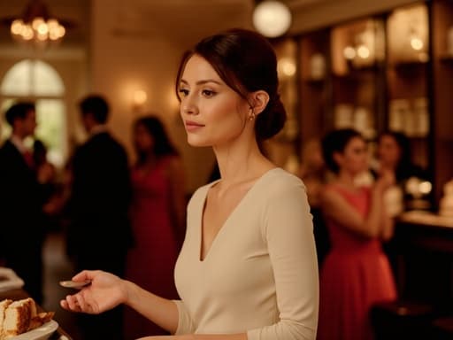 30대 중반의 백인 여성이 우아한 드레스를 입고 아늑한 바에서 결혼식 연회를 즐기고 있는 모습이 반신 샷으로 담겼습니다. 차분한 표정을 지으며 한 손으로 테이블 위의 음식을 집어 먹고, 여유롭고 우아한 순간을 표현하고 있습니다.