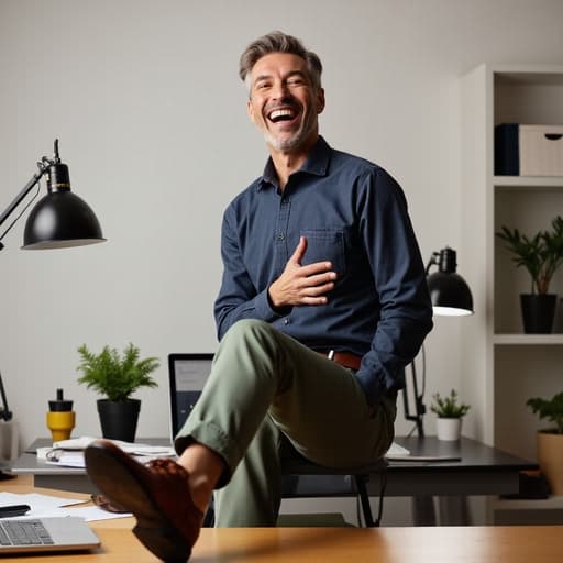 40대 중반의 백인 남성이 반신 촬영으로, 편안한 셔츠와 바지를 입고 미소를 지으며 똑똑한 신발을 신기 위해 한쪽 발을 들어올리고 있습니다. 배경은 집 사무실로, 노트북과 서류, 식물이 놓인 책상이 있어 따뜻하고 아늑한 분위기를 반영합니다.