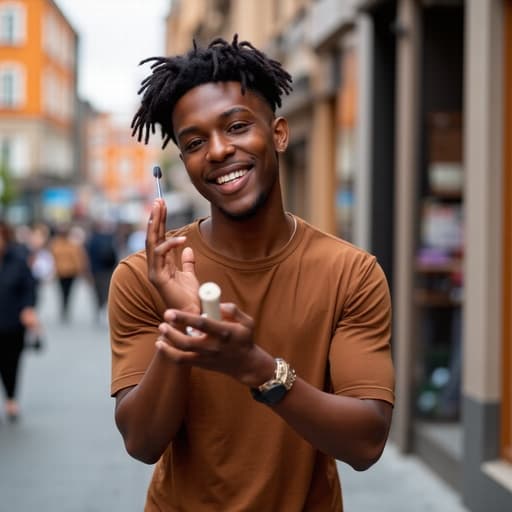 20대 초반의 흑인 남성이 도시 거리에서 화장품을 얼굴에 바르며 친근한 미소를 짓고 있습니다. 그는 캐주얼한 티셔츠와 청바지를 입고 트렌디한 액세서리를 착용하며, 배경에는 사람들과 상점들이 있는 활기찬 분위기가 펼쳐져 있습니다.