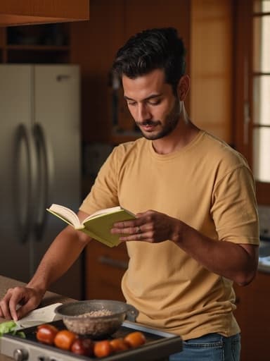 30대 초반의 라틴계 남성이 반신을 담은 모습으로, 편안한 티셔츠와 청바지를 입고 있습니다. 그는 차분한 표정으로 책을 읽고 있으며, 한 손에 책을 들고 다른 손으로 책장을 넘기고 있습니다. 배경은 따뜻한 주방으로, 조리대에는 바베큐 재료들이 놓여 있어 아늑하고 매력적인 분위기를 만들어냅니다.