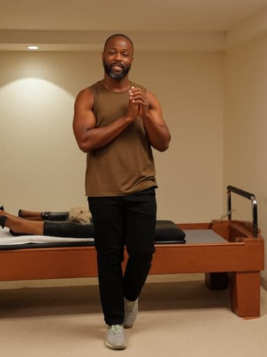 50대 초반의 자신감 있는 흑인 남성이 편안한 운동복과 필라테스 신발을 착용하고, 아늑한 마사지샵의 부드러운 조명 아래 필라테스 매트 위에서 유연하게 춤추듯 자세를 취하고 있는 모습의 전신 사진입니다.