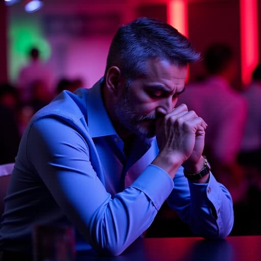 50대 초반의 라틴 남성이 깔끔한 셔츠와 정장 바지를 착용하고 테이블에 앉아 약간 짜증난 표정을 지으며 손으로 머리를 감싸고 있는 모습의 반신 사진, 화려한 조명과 파티 분위기가 느껴지는 현대적인 클럽을 배경으로 함.