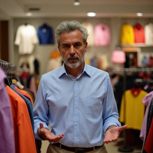 50대 초반의 중동계 남성이 세련된 캐주얼 옷을 입고, 주변의 화려한 패션 아이템과 상호작용하며 의기소침한 표정을 짓고 있는 반신 샷입니다.