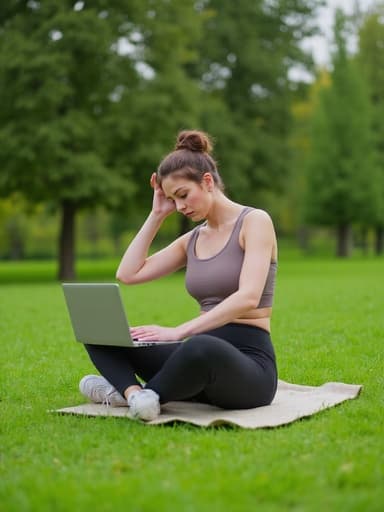 30대 초반의 백인 여성이 편안한 운동복을 입고 필라테스 매트에 앉아 있는 반신 사진입니다. 그녀는 피곤한 표정을 지으며 노트북을 사용하고 있으며, 한 손으로 타이핑하고 다른 손으로는 머리를 감싸고 있습니다. 푸른 잔디와 나무들로 둘러싸인 공원에서의 모습입니다.