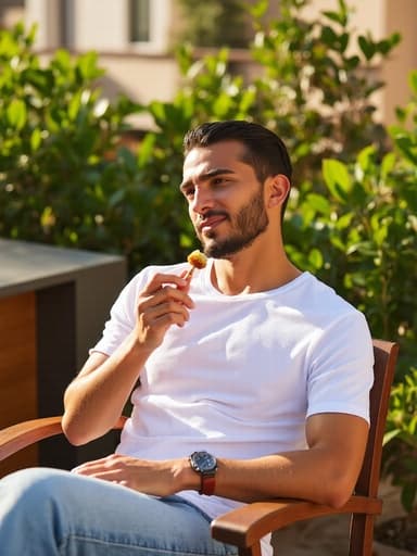 20대 초반의 중동계 남성이 반신 촬영으로 포착되었습니다. 그는 편안한 티셔츠와 청바지를 입고 햇살이 드리운 테라스에 앉아 다리를 뻗고 디저트를 즐기고 있습니다. 피곤한 듯하지만 약간의 미소를 띤 표정으로 주변의 푸르른 식물들이 이 장면의 편안한 분위기를 더하고 있습니다.