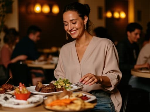 40대 중반의 혼혈 여성이 아늑한 다이닝룸 테이블에 앉아 밝게 웃으며 다양한 파티 음식을 바라보는 모습, 캐주얼한 블라우스와 청바지를 입고 따뜻하고 초대하는 분위기를 보여줍니다.