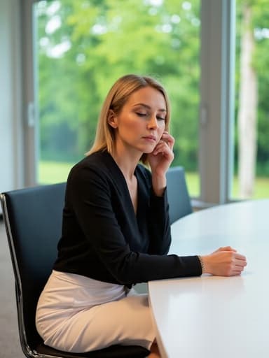 40대 중반의 유럽계 여성이 비즈니스 캐주얼 복장을 하고 회의 테이블에 앉아 있습니다. 손은 테이블 위에 올려져 있고, 슬픈 표정으로 고개를 숙이고 있습니다. 자연광이 비치는 회의실에서 큰 창문을 통해 공원이 보이는 모습은 부드럽고 깊은 감정의 순간을 전달합니다.