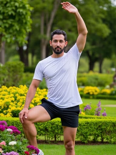 20대 후반의 중동계 남성이 편안한 티셔츠와 운동용 반바지를 입고 아름답게 가꿔진 정원에서 다양한 식물들 사이에서 스트레칭 자세를 취하고 있는 전신 사진. 그는 우아한 표정을 지으며 여유로운 감정을 드러내고 있으며, 자연광이 정원의 생동감 넘치는 색감을 밝혀주어 평화롭고 차분한 분위기를 자아냅니다.