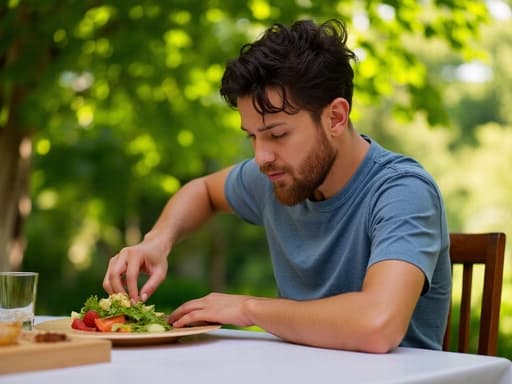 20대 후반 혼혈 남성이 캐주얼한 티셔츠와 청바지를 입고 야외 테이블에 앉아 햇살이 비치는 정원에서 음식을 불안한 표정으로 바라보며 조심스럽게 집어 들고 있는 반신 사진, 평화롭고 따뜻한 분위기 속에서 주제가 강조됩니다.