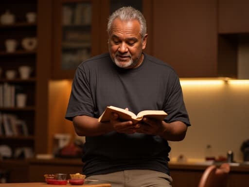 50대 초반의 흑인 남성이 편안한 티셔츠와 바지를 입고, 아늑한 주방 테이블에 앉아 두 손으로 책을 집중해서 읽고 있는 모습을 담은 반신 촬영, 따뜻한 조명이 비추고 있습니다.