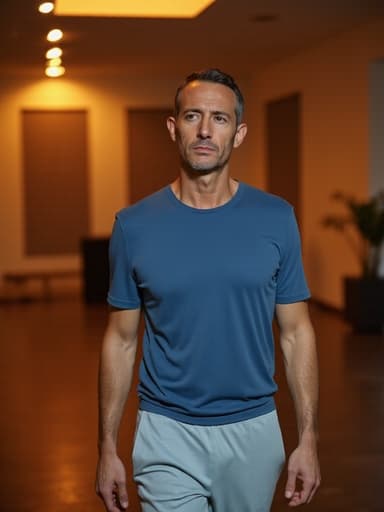 40대 초반의 중동계 남성이 편안한 운동복을 입고, 아늑한 스파 환경에서 실망한 표정을 지으며 걷고 있는 반신 사진입니다. 따뜻한 조명이 있는 공간입니다.