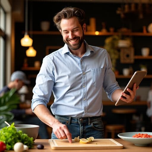 30대 중반의 백인 남성이 반신 촬영으로 포착되어 자연스럽고 즐거운 표정을 짓고 있으며, 캐주얼한 셔츠와 청바지를 입고 있습니다. 그는 한 손으로 태블릿을 들고 다른 손으로 요리 재료를 다듬고 있습니다. 배경은 아늑한 카페 내부로, 다양한 요리 도구와 재료가 놓여 있어 따뜻하고 초대하는 분위기를 만들어냅니다.