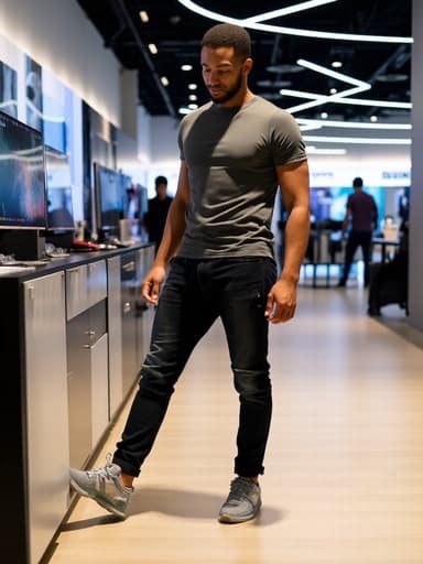 40대 중반의 흑인 남성이 캐주얼한 티셔츠와 청바지를 입고, 최신 전자기기가 진열된 전자매장 안에서 신발을 신으며 편안하게 미소 짓고 있습니다. 분위기는 활기차고 여유로우며, 모델의 개성과 현대적인 환경이 잘 어우러져 있습니다.