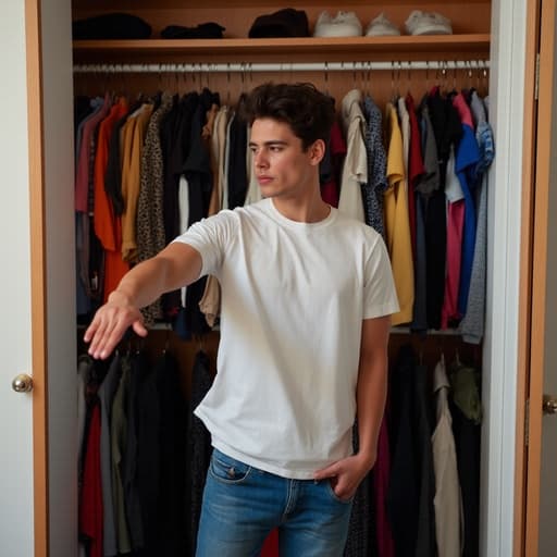 캐주얼한 복장을 한 혼혈 남성 10대가 옷장 앞에 서서 놀란 표정으로 옷을 고르기 위해 손을 뻗고 있습니다. 옷장에 진열된 다채로운 의상들이 생동감 넘치는 배경을 만들어 주며 패션과 개인 표현의 주제를 강조합니다.