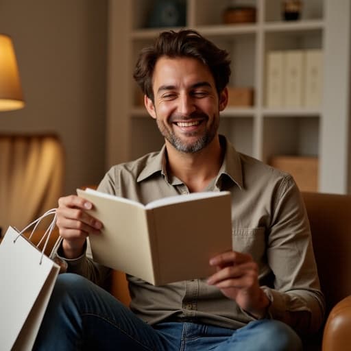 40대 초반의 백인 남성이 캐주얼한 셔츠와 청바지를 입고, 한 손에 책을 들고 다른 손에 쇼핑백을 들고 있는 행복한 모습의 반신 사진입니다. 아늑한 거실에서 책을 살펴보며 즐거운 기분을 발산하고 있습니다.