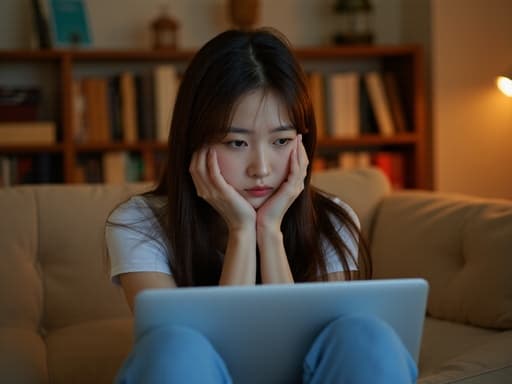 아늑한 커뮤니티 센터 거실의 소파에 앉아 있는 10대 후반의 한국인 여성의 반신 사진입니다. 그녀는 편안한 티셔츠와 청바지를 착용하고 있으며, 슬픈 표정을 지으며 우울한 눈빛으로 노트북 화면을 바라보고 있습니다. 주변에는 책과 장식들이 놓여 있어 따뜻한 분위기를 더하고 있습니다. 부드럽고 아늑한 조명이 반영적이고 내성적인 감정을 자아내고 있습니다.