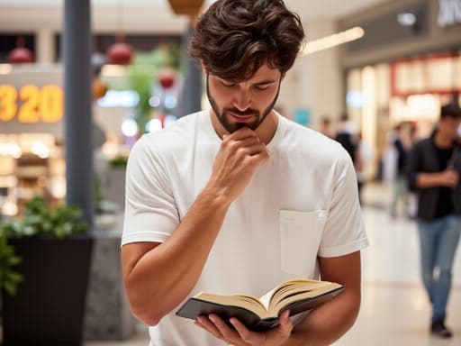 20대 후반의 백인 남성이 자연스러운 외모로 세련된 캐주얼 의상인 흰색 티셔츠와 청바지를 입고 있는 반신 촬영된 모습입니다. 그는 책을 읽으며 찡그린 표정으로 깊은 생각에 잠겨 있으며, 한 손으로 책을 들고 다른 손은 턱을 괴고 있습니다. 배경은 다양한 상점들이 보이는 활기찬 쇼핑몰 내부로, 장면의 생동감 있는 분위기를 더합니다.