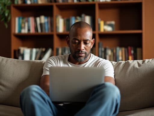 50대 초반의 아프리카계 남성이 편안한 티셔츠와 청바지를 입고 거실 소파에 앉아 약간 고민하는 듯한 표정으로 노트북 화면을 바라보고 있다. 팔짱을 낀 모습으로, 책장과 학습 자료가 정돈된 아늑한 학습 공간에서 반영하는 순간을 전달하고 있다.