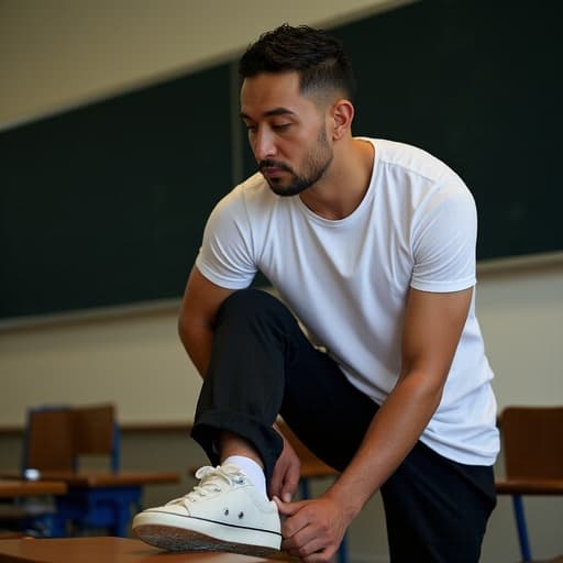 30대 후반의 라틴계 남성이 스포츠웨어와 운동화를 착용하고 교실의 한쪽 구석에 앉아 있는 반신샷입니다. 그는 지루한 표정을 지으며 한 쪽 다리를 들어 올려 신발을 신기 위해 생각에 잠겨 있습니다. 배경은 칠판과 책상이 있는 교실의 분위기를 만들어 내며, 그의 캐주얼한 복장과 대조를 이루어 반성의 순간을 강조합니다.