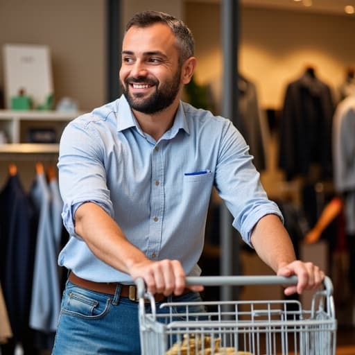 50대 초반의 중동계 남성이 세련된 캐주얼 셔츠와 청바지를 입고 쇼핑 카트를 밀며 다양한 의류를 살펴보는 모습의 반신 사진. 현대적인 패션 매장에서 다양한 패션 아이템이 세련되게 진열된 배경 속에서 친근한 미소를 짓고 있습니다.