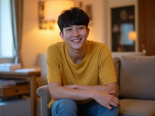 20대 초반의 자연스러운 외모를 가진 한국인 남성이 아늑한 거실 소파에 편안하게 앉아 있는 반신 촬영을 하고 있습니다. 캐주얼한 티셔츠와 청바지를 입고 매력적인 미소를 지으며 손을 무릎에 올리고 편안한 자세를 취하고 있습니다. 배경은 따뜻한 거실의 모습으로, 초대하는 분위기를 만들어 이미지의 매력을 더합니다.