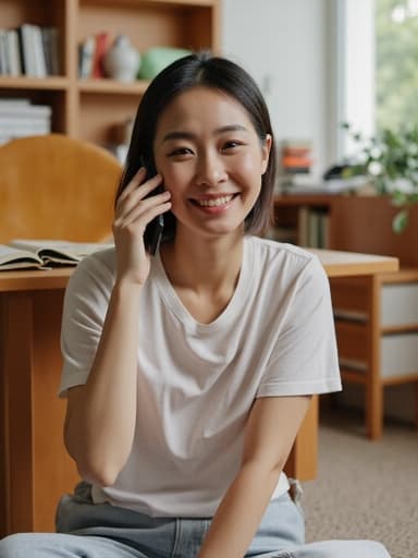 20대 중반의 아시아계 여성이 아늑한 공부방 바닥에 앉아 있습니다. 캐주얼한 티셔츠와 편안한 바지를 입고 있으며, 스마트폰을 손에 들고 친근한 미소를 지으며 통화에 집중하고 있습니다. 방에는 책들과 책상이 있어 그녀의 친근한 모습과 잘 어울리는 아늑한 분위기를 자아냅니다.