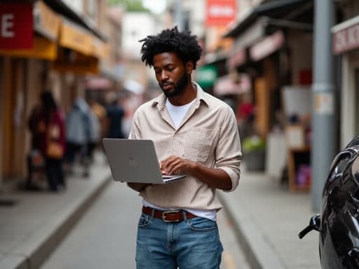 30대 초반의 아프리카계 남성이 트렌디한 캐주얼 셔츠와 청바지를 입고 노트북을 응시하며 불안한 표정을 짓고 있는 반신 샷입니다. 다양한 상점들이 있는 활기찬 도시 거리의 배경이 장면의 생동감을 더하며 그의 집중하는 태도를 강조합니다.