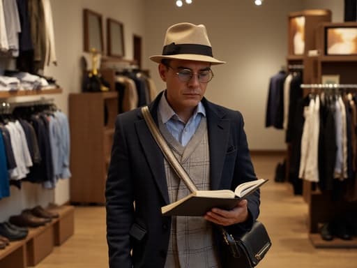 50대 초반의 세련된 라틴계 남성이 스타일리시한 캐주얼 의상과 멋진 가방을 매치한 반신 촬영. 그는 패션 매장에서 책을 한 손에 들고 무표정으로 진지하게 읽고 있다. 배경에는 다양한 의류와 액세서리가 세련되게 진열되어 있어 전체적인 세련된 분위기를 더하고 있다.
