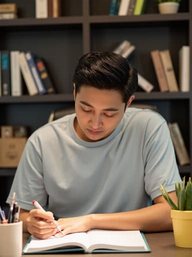 30대 후반의 한국인 남성이 편안한 티셔츠와 슬랙스를 착용하고, 피곤하지만 집중한 표정으로 책상 위의 노트에 내용을 작성하는 모습. 정돈된 책상과 주변의 책 및 문구류가 아카데믹한 분위기를 자아냅니다.