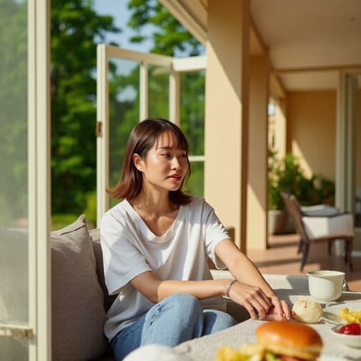 40대 중반의 자연스러운 외모를 가진 한국인 여성이 아늑한 테라스 소파에 편안하게 앉아 있습니다. 그녀는 티셔츠와 청바지를 입고 있으며, 테이블 위의 음식을 바라보며 차분한 표정을 짓고 여유로운 기분을 표현하고 있습니다. 자연광이 비추는 이 장면은 테라스의 평화로운 분위기를 한층 더 부각시킵니다.