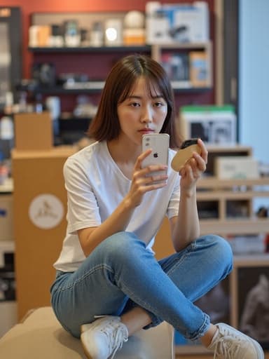 20대 중반의 동양인 여성이 캐주얼한 티셔츠와 청바지를 입고 스마트폰을 들고 다리를 뻗고 앉아 있는 반신 사진. 슬픈 표정을 짓고 깊은 생각에 잠겨 있으며, 다양한 전자기기로 가득한 전자매장 내부를 배경으로 하고 있습니다.